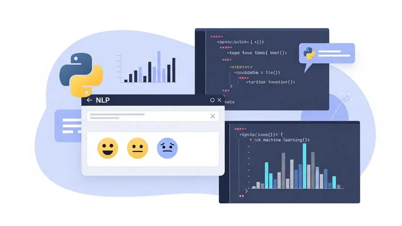 Colorful illustration of a Python-based game interface showing Rock Paper Scissors with interactive elements and playful design