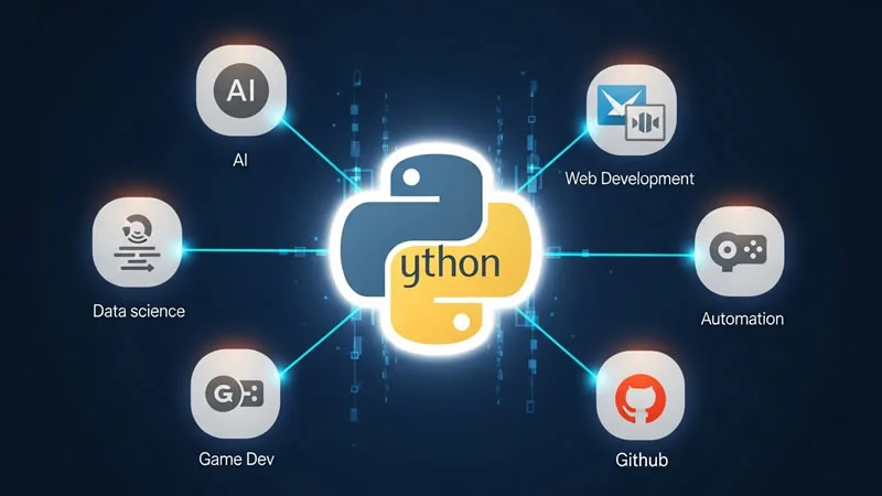 Illustration of the Python logo connected to various GitHub icons representing fields like AI, web development, automation, and data science