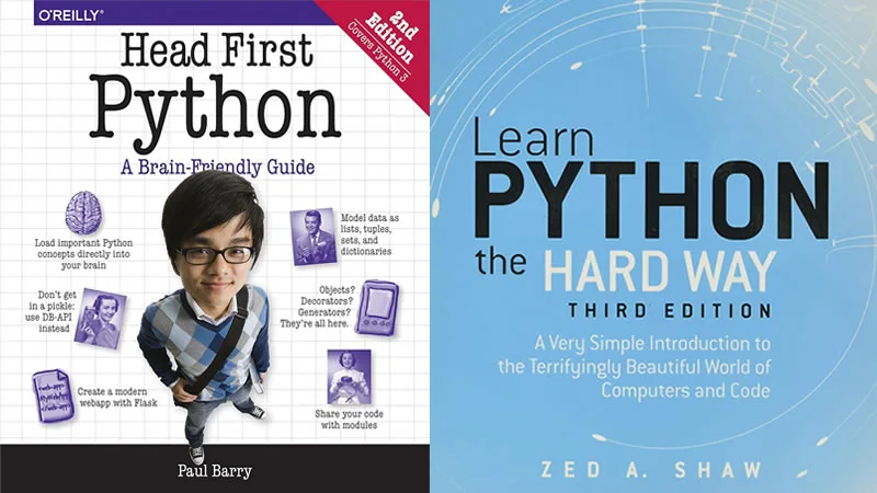 Book covers of ‘Head First Python’ by Paul Barry and ‘Learn Python the Hard Way’ by Zed A. Shaw, two popular beginner Python books in 2025