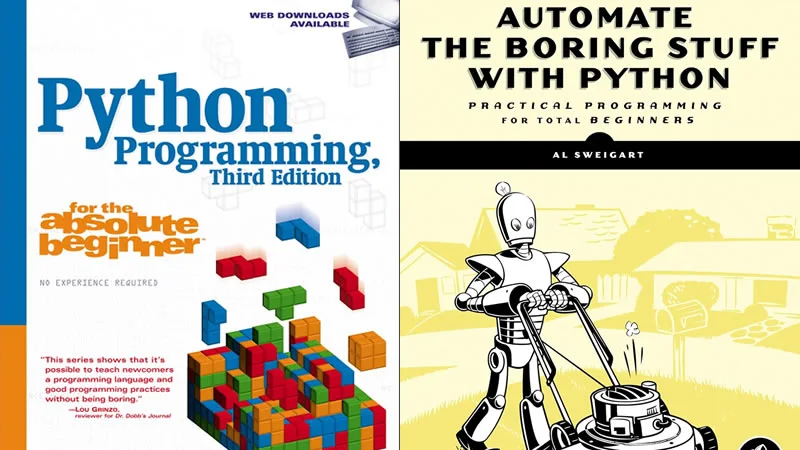 Book covers of ‘Python Programming for the Absolute Beginner’ and ‘Automate the Boring Stuff with Python’ top Python books for total beginners