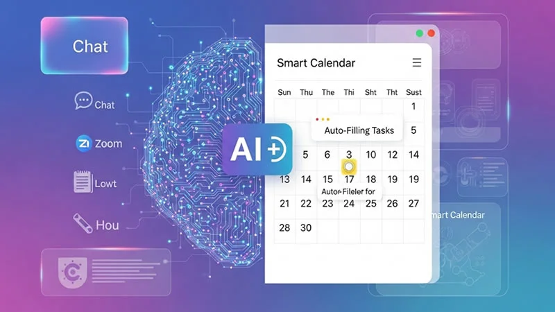 Futuristic AI brain connected to smart calendar and task manager, symbolizing AI tools like Tana and Morgan boosting productivity in 2025.