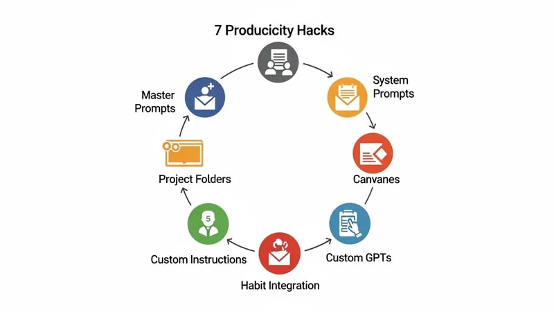Infographic showing seven ChatGPT productivity hacks in a circular flow
