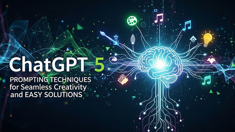 ChatGPT 5 prompting techniques with glowing brain and creative digital icons
