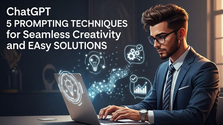 "ChatGPT 5 prompting techniques for creativity and solutions with digital icons on laptop."
