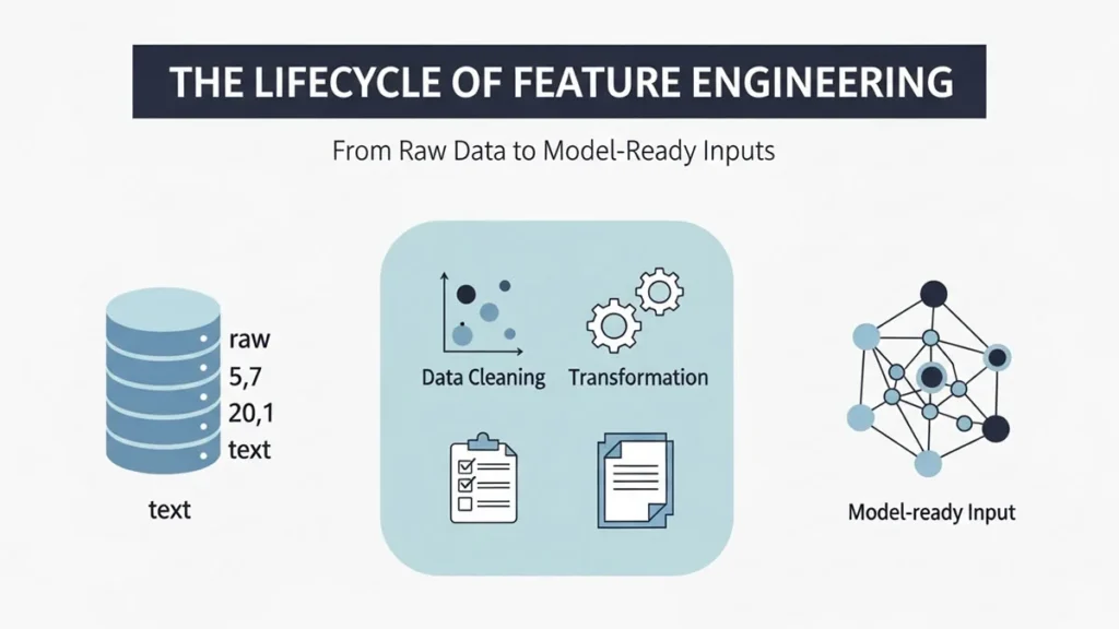Lifecycle of Feature Engineering transforming raw data into model-ready inputs for machine learning