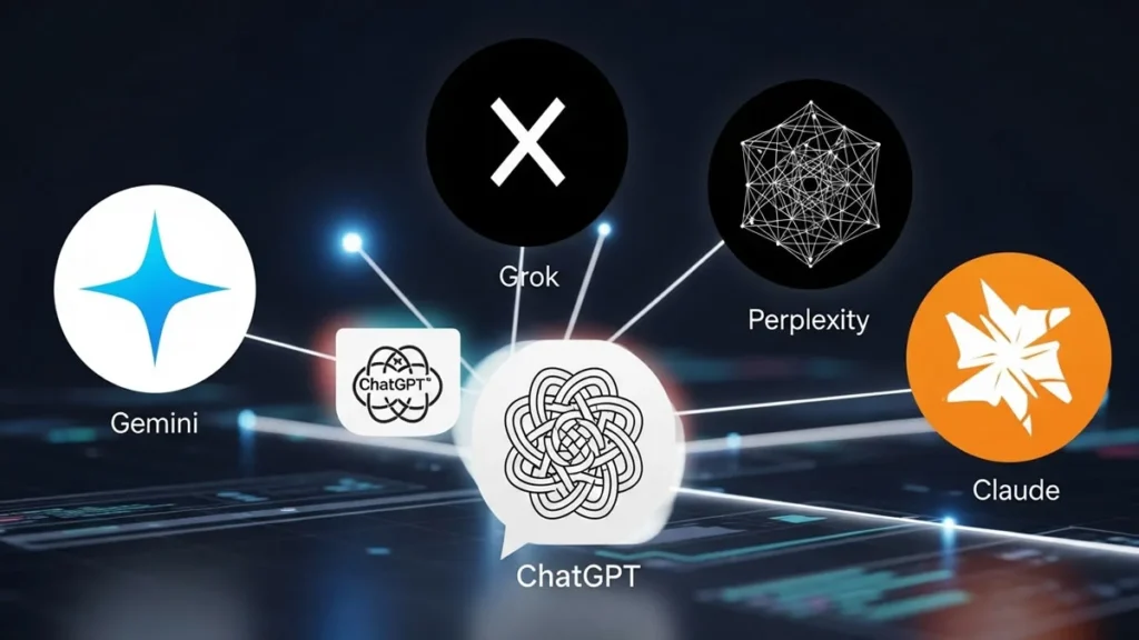 Illustration of a person choosing between the Best AI Tools in 2025—ChatGPT, Claude, Gemini, Perplexity, and Grok at a digital workspace.