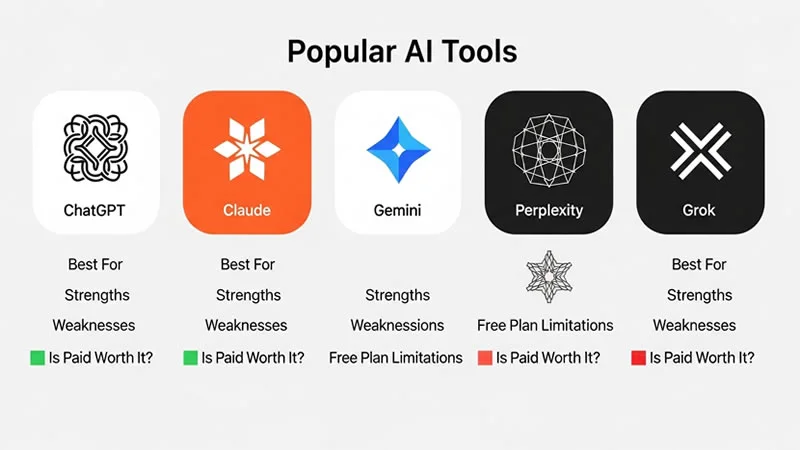 A clean, modern infographic comparing the Best AI Tools in 2025 across key categories like strengths, weaknesses, and free vs. paid plans, with ChatGPT, Claude, Gemini, Perplexity, and Grok side by side.