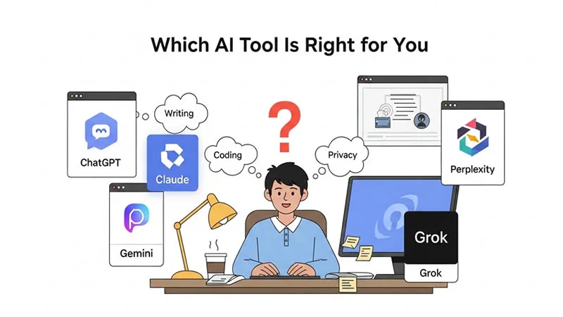 An illustration of a person choosing from the Best AI Tools in 2025 ChatGPT, Claude, Gemini, Perplexity, and Grok at a digital workspace, with floating logos and thought bubbles showing different use cases.