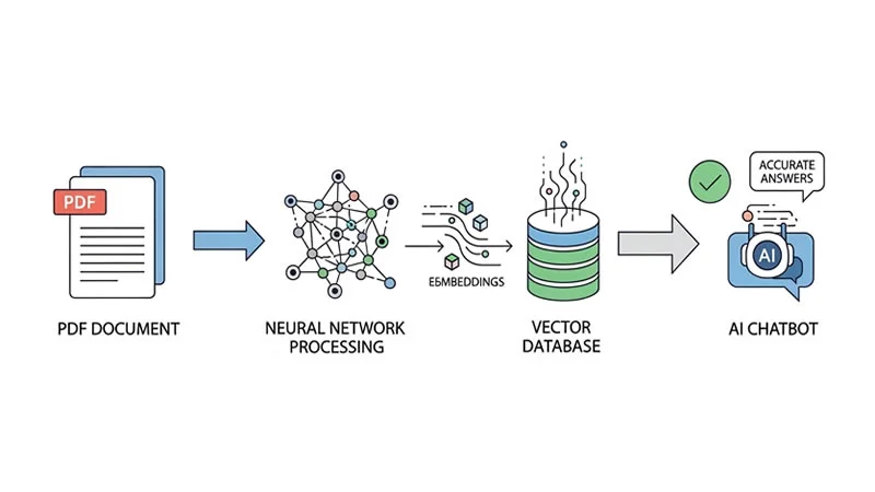 Diagram of RAG application answering PDF questions using embeddings, vector database, and AI chatbot for beginners.