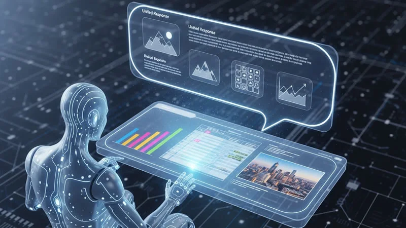 Multimodal RAG illustration showing AI assistant processing PDFs with images, tables, and text for accurate responses.