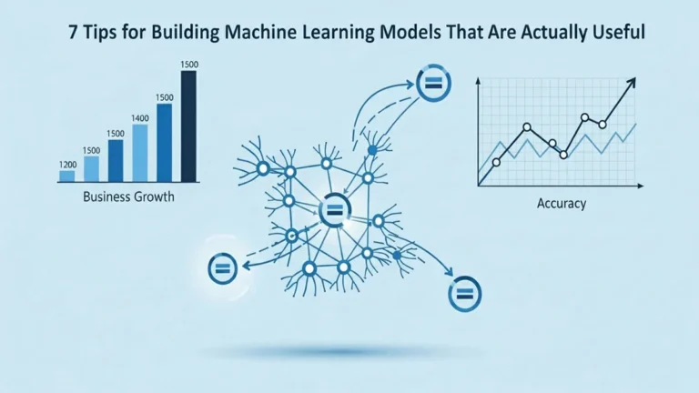 machine learning models showing neural networks and business growth charts.