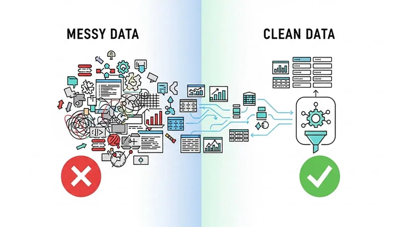 Comparison of messy vs clean data feeding into a machine learning model pipeline.