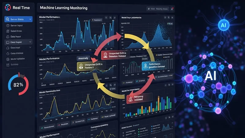 Machine learning monitoring dashboard with anomaly alerts and retraining cycle