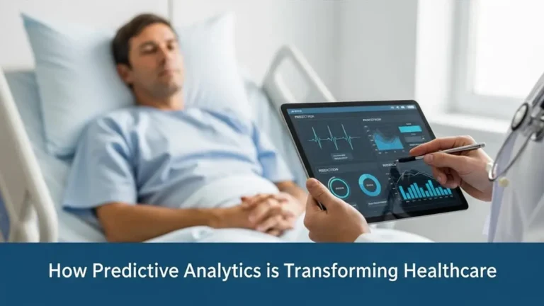 Doctor reviewing predictive analytics in healthcare on a tablet with patient in hospital bed, showing heart rate and medical charts