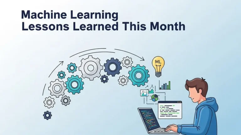 a person coding machine learning models on laptop with graphs, charts, and automation icons