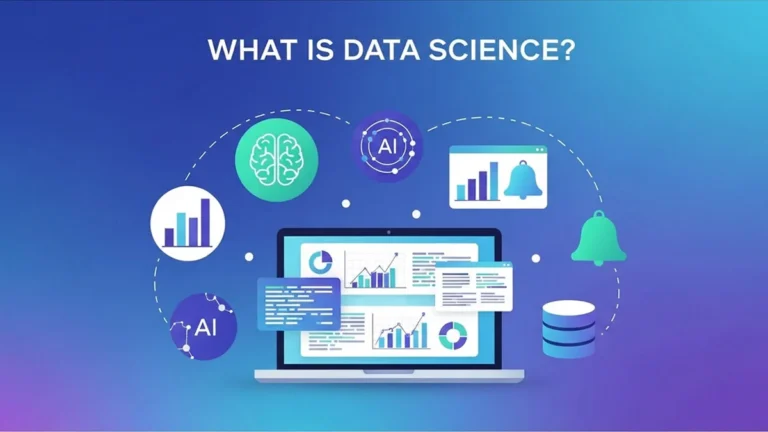 What is Data Science?” showing laptop, charts, and AI icons