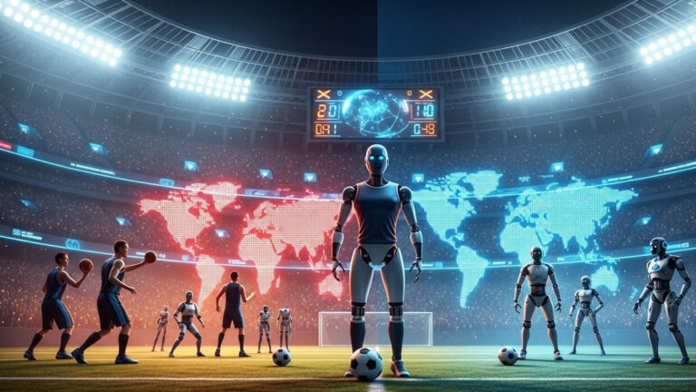 Robotics in Sports with humanoid robots playing soccer against human athletes in a futuristic stadium with digital world maps and scoreboards.