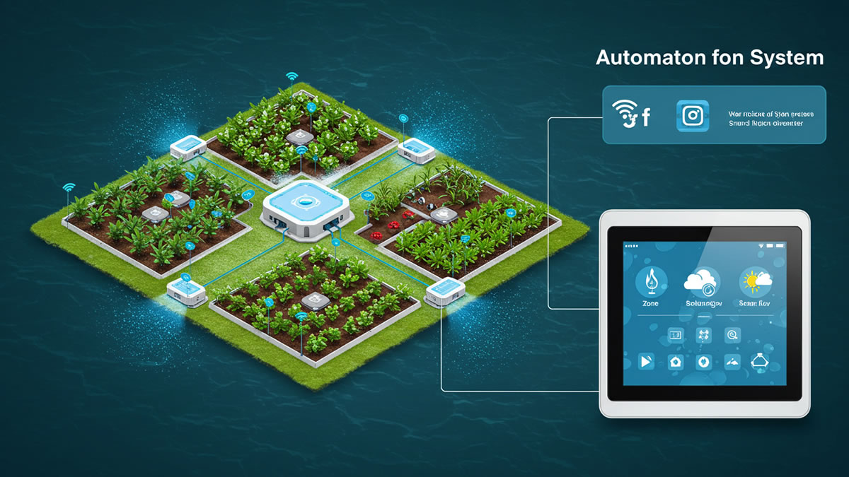 Automated irrigation system using advanced sensors and smart controls to water large crop fields efficiently."