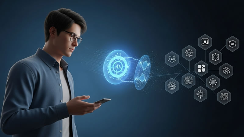 A young professional using a smartphone while interacting with digital holographic icons representing 7 AI tools, showcasing innovation and artificial intelligence technology in a futuristic interface.