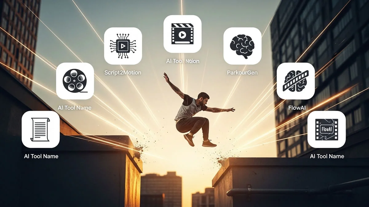 A parkour athlete jumping between rooftops surrounded by glowing icons of 7 AI tools like Script2Motion, ParkourGen, and FlowAI, symbolizing creative video editing and AI-powered motion generation.